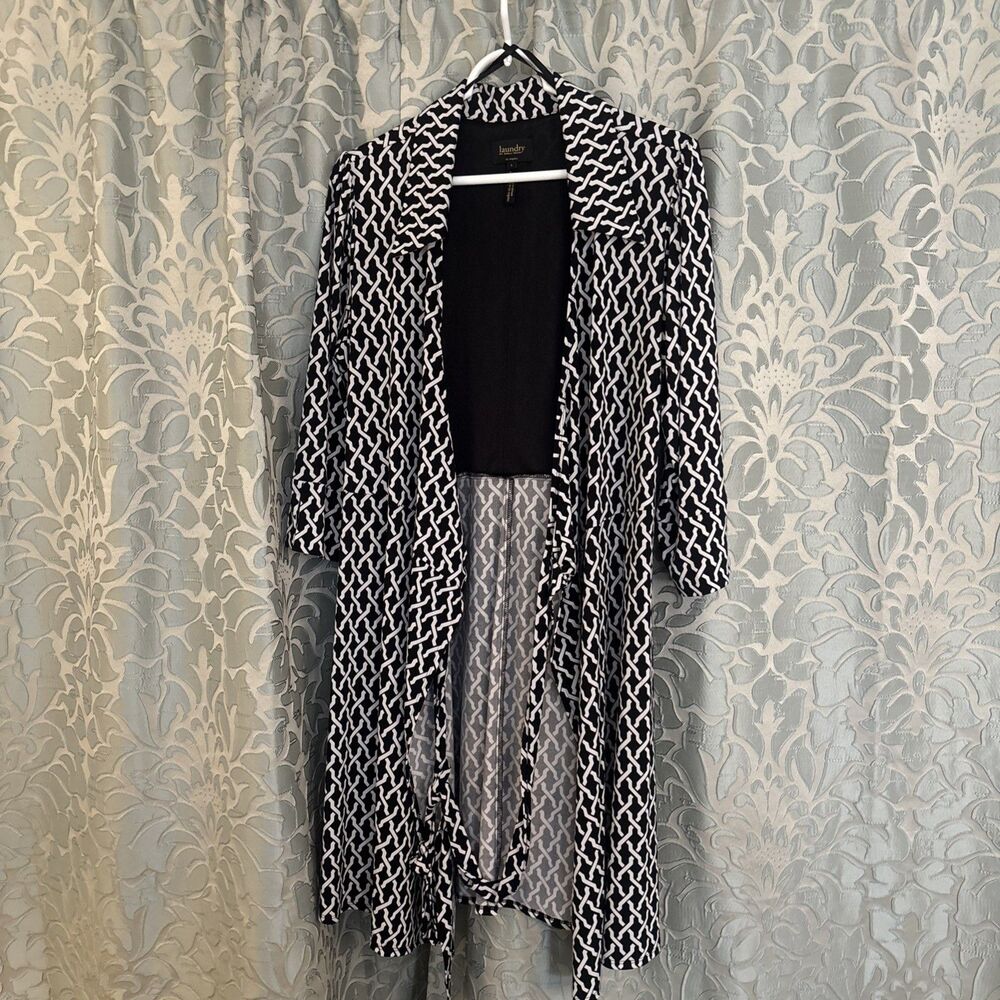 Laundry Shelli Segal Wrap Midi Dress Womens L Black White Geometric Slinky